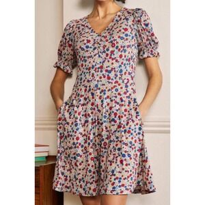 Boden Floral Print Mini Jersey Dress‎ V Neck Short Sleeve Casual Cute US 6P